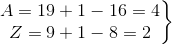 left.begin{matrix} A=19+1-16=4\Z=9+1-8=2 end{matrix}right}