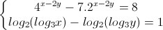 \left\{\begin{matrix}4^{x-2y}-7.2^{x-2y}=8\\log_{2}(log_{3}x)-log_{2}(log_{3}y)=1\end{matrix}\right.