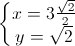 \left\{\begin{matrix}x=3\frac{\sqrt{2}}{2}\\y=\sqrt{2}\end{matrix}\right.