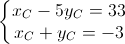 \left\{\begin{matrix}x_{C}-5y_{C}=33\\x_{C}+y_{C}=-3\end{matrix}\right.