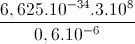 \frac{6,625.10^{-34}.3.10^{8}}{0,6.10^{-6}}