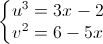 left{begin{matrix}u^{3}=3x-2\v^{2}=6-5xend{matrix}right.