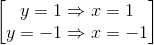 \begin{bmatrix}y=1\Rightarrow x=1\\y=-1\Rightarrow x=-1\end{bmatrix}