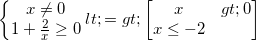 \small \left\{\begin{matrix} x\neq 0\\ 1+\frac{2}{x}\geq 0 \end{matrix}\right.<=>\begin{bmatrix} x> 0\\ x\leq -2 \end{bmatrix}