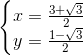 left{begin{matrix} x=frac{3+sqrt{3}}{2}\ y=frac{1-sqrt{3}}{2} end{matrix}right.