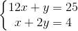 left{begin{matrix} 12x + y = 25\ x + 2y = 4 end{matrix}right.