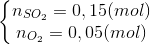 left{begin{matrix} n_{SO_{2}}=0,15(mol)\ n_{O_{2}}= 0,05 (mol) end{matrix}right.