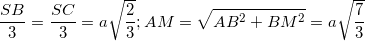 small frac{SB}{3}=frac{SC}{3}=asqrt{frac{2}{3}};AM=sqrt{AB^{2}+BM^{2}}=asqrt{frac{7}{3}}