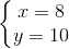 \left\{\begin{matrix} x=8\\ y=10 \end{matrix}\right.