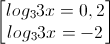 \begin{bmatrix}log_{3}3x=0,2\\log_{3}3x=-2\end{bmatrix}