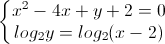 \left\{\begin{matrix}x^{2}-4x+y+2=0\\log_{2}y=log_{2}(x-2)\end{matrix}\right.