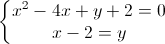 left{begin{matrix}x^{2}-4x+y+2=0\x-2=yend{matrix}right.