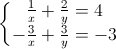 left{begin{matrix}frac{1}{x}+frac{2}{y}=4\-frac{3}{x}+frac{3}{y}=-3end{matrix}right.