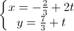 left{begin{matrix} x=-frac{2}{3}+2t\y=frac{7}{3}+t end{matrix}right.