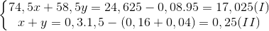 \left\{\begin{matrix} 74,5x+58,5y=24,625-0,08.95=17,025 (I)\\x+y=0,3.1,5-(0,16+0,04)=0,25 (II) \end{matrix}\right.