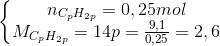 \left\{\begin{matrix} n_{C_{p}H_{2p}}=0,25mol\\ M_{C_{p}H_{2p}}=14p =\frac{9,1}{0,25}\Rightarrow p=2,6 \end{matrix}\right.