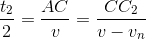 \frac{t_{2}}{2}=\frac{AC}{v}=\frac{CC_{2}}{v-v_{n}}