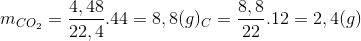 m_{CO_{2}}=\frac{4,48}{22,4}.44=8,8(g)\Rightarrow m_{C}=\frac{8,8}{22}.12=2,4 (g)