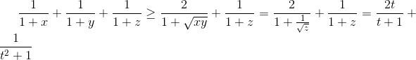 \frac{1}{1+x}+\frac{1}{1+y}+\frac{1}{1+z}\geq \frac{2}{1+\sqrt{xy}}+\frac{1}{1+z}=\frac{2}{1+\frac{1}{\sqrt{z}}}+\frac{1}{1+z}=\frac{2t}{t+1}+\frac{1}{t^{2}+1}