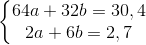 \left\{\begin{matrix} 64a+32b=30,4 & \\ 2a+6b=2,7& \end{matrix}\right.