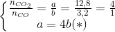 \left\{\begin{matrix} \frac{n_{CO_{2}}}{n_{CO}}=\frac{a}{b}=\frac{12,8}{3,2}=\frac{4}{1}\\ a=4b(*) \end{matrix}\right.