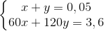 \left\{\begin{matrix} x+y=0,05\\ 60x+120y=3,6 \end{matrix}\right.