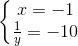 \left\{\begin{matrix} x =-1\\ \frac{1}{y}=-10 \end{matrix}\right.