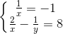 \left\{\begin{matrix} \frac{1}{x}=-1\\ \frac{2}{x}-\frac{1}{y}=8 \end{matrix}\right.