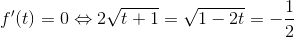 f'(t)= 0\Leftrightarrow 2\sqrt{t+1}=\sqrt{1-2t}\Leftrightarrow t=-\frac{1}{2}