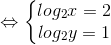 \Leftrightarrow \left\{\begin{matrix} log_{2}x=2 & \\ log_{2}y=1& \end{matrix}\right.