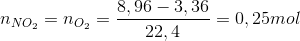 n_{NO_{2}}= n_{O_{2}}=\frac{8,96-3,36}{22,4}=0,25 mol