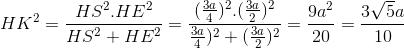 HK^{2}=\frac{HS^{2}.HE^{2}}{HS^{2}+HE^{2}}=\frac{(\frac{3a}{4})^{2}.(\frac{3a}{2})^{2}}{\frac{3a}{4})^{2}+(\frac{3a}{2})^{2}}=\frac{9a^{2}}{20}\Rightarrow HK=\frac{3\sqrt{5}a}{10}