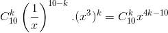 C_{10}^{k}\left ( \frac{1}{x} \right )^{10-k}.(x^{3})^{k}=C_{10}^{k}x^{4k-10}