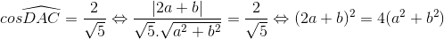 cos\widehat{DAC}=\frac{2}{\sqrt{5}}\Leftrightarrow \frac{\left | 2a+b \right |}{\sqrt{5}.\sqrt{a^{2}+b^{2}}}=\frac{2}{\sqrt{5}}\Leftrightarrow (2a+b)^{2}=4(a^{2}+b^{2})