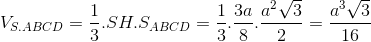 V_{S.ABCD}=\frac{1}{3}.SH.S_{ABCD}=\frac{1}{3}.\frac{3a}{8}.\frac{a^{2}\sqrt{3}}{2}=\frac{a^{3}\sqrt{3}}{16}