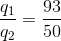 \frac{q_{1}}{q_{2}}=\frac{93}{50}