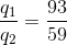 \frac{q_{1}}{q_{2}}=\frac{93}{59}