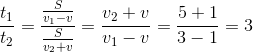 \frac{t_{1}}{t_{2}}=\frac{\frac{S}{v_{1}-v}}{\frac{S}{v_{2}+v}}=\frac{v_{2}+v}{v_{1}-v}=\frac{5+1}{3-1}=3