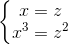 \left\{\begin{matrix} x=z\\ x^{3}=z^{2} \end{matrix}\right.