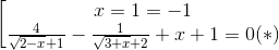 \left [ \begin{matrix} x=1\Rightarrow y=-1 & \\ \frac{4}{\sqrt{2-x}+1}-\frac{1}{\sqrt{3+x}+2}+x+1=0(*)& \end{matrix}\right.