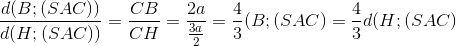 \frac{d(B; (SAC))}{d(H; (SAC))}=\frac{CB}{CH}=\frac{2a}{\frac{3a}{2}}=\frac{4}{3}\Rightarrow d(B; (SAC)=\frac{4}{3}d(H; (SAC)