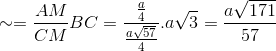 \Delta KMA\sim \Delta BMC\Rightarrow AK=\frac{AM}{CM}BC=\frac{\frac{a}{4}}{\frac{a\sqrt{57}}{4}}.a\sqrt{3}=\frac{a\sqrt{171}}{57}