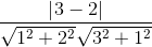 \tiny \frac{\left | 3-2 \right |}{\sqrt{1^{2}+2^{2}}\sqrt{3^{2}+1^{2}}}