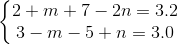 \left\{\begin{matrix} 2+m+7-2n=3.2 & & \\ 3-m-5+n=3.0 & & \end{matrix}\right.