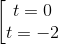 \left [\begin{matrix} t = 0 & & \\ t=-2 & & \end{matrix}