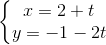 \left\{\begin{matrix} x=2+t & & \\ y=-1-2t & & \end{matrix}\right.