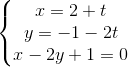 \left\{\begin{matrix} x=2+t & & \\ y=-1-2t & & \\ x-2y+1=0 & & \end{matrix}\right.