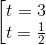 \left [ \begin{matrix} t=3\\ t=\frac{1}{2} \end{matrix}