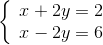 \left\{ \begin{array}{l} x + 2y = 2\\ x - 2y = 6 \end{array} \right.