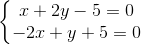 \left\{\begin{matrix} x+2y-5=0\\ -2x+y+5 =0 \end{matrix}\right.